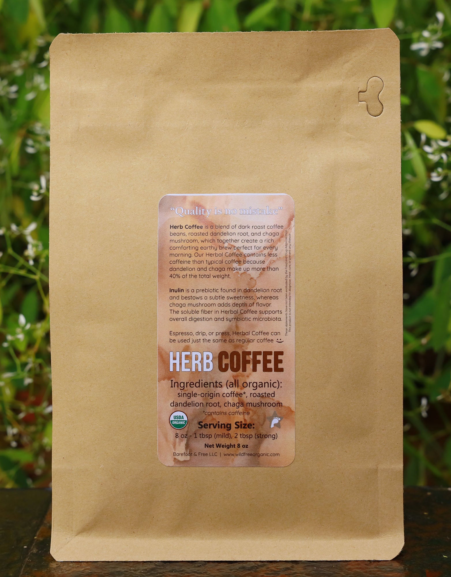Herb Coffee 8 oz Organic Coffee, Roasted Chicory and Dandelion Roots, and Lion's Mane Mushroom Blend (ground, low caffeine)