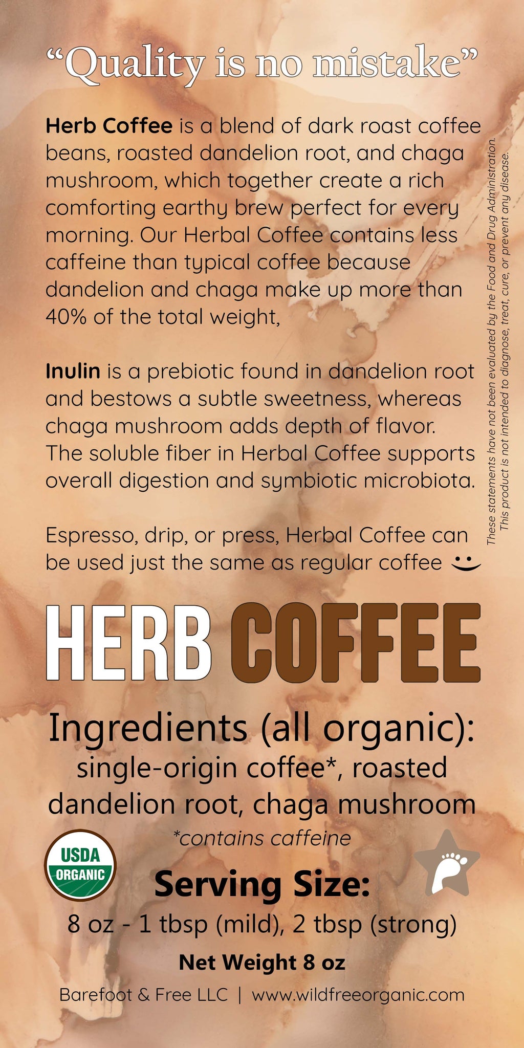 Herb Coffee 8 oz Organic Coffee, Roasted Chicory and Dandelion Roots, and Lion's Mane Mushroom Blend (ground, low caffeine)
