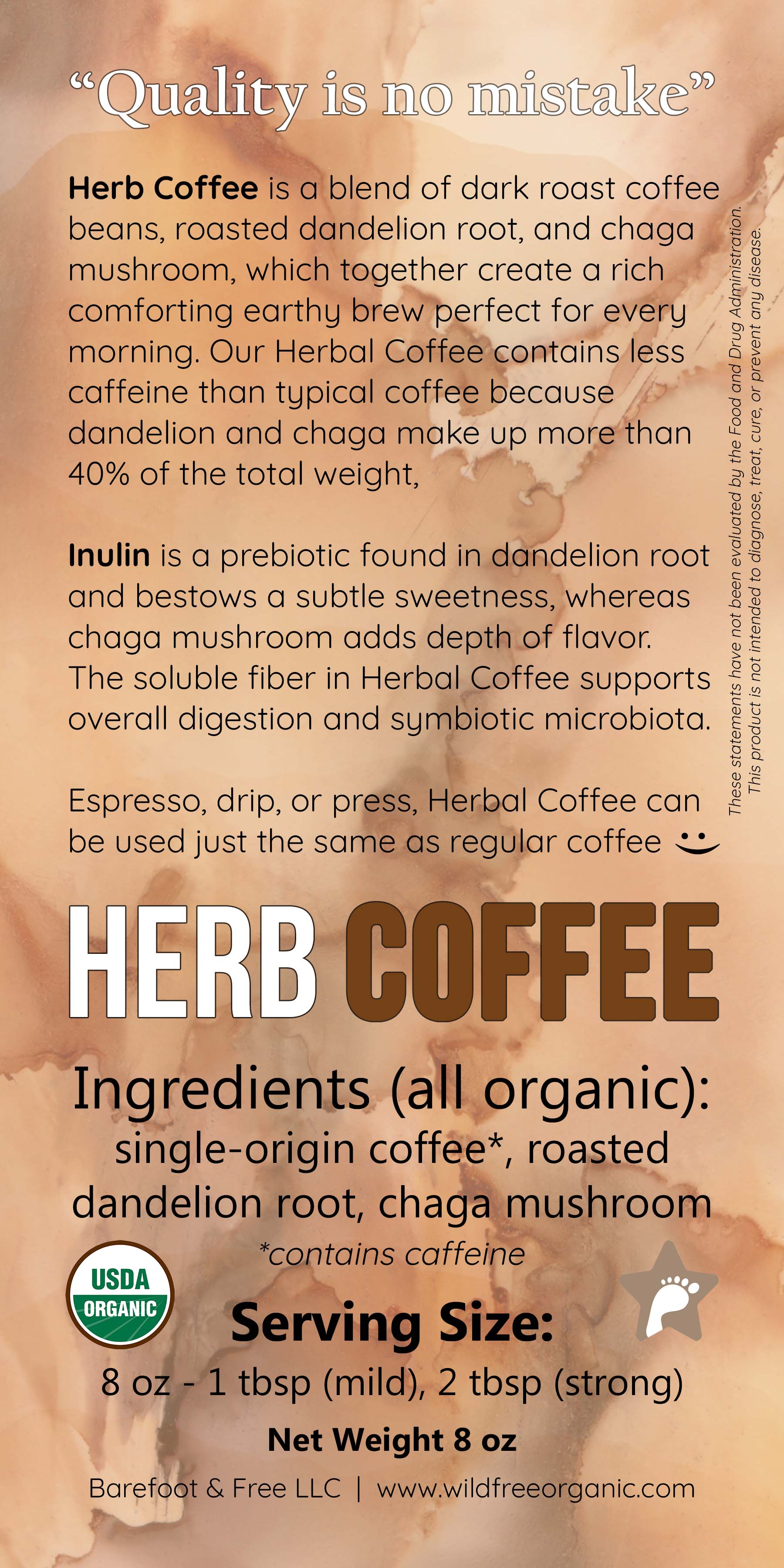 Herb Coffee 8 oz Organic Coffee, Roasted Chicory and Dandelion Roots, and Lion's Mane Mushroom Blend (ground, low caffeine)