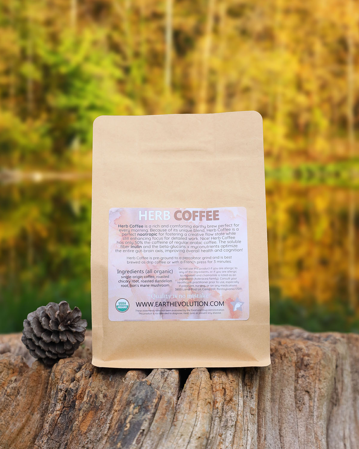 Herb Coffee 8 oz Organic Coffee, Roasted Chicory and Dandelion Roots, and Lion's Mane Mushroom Blend (ground, low caffeine)
